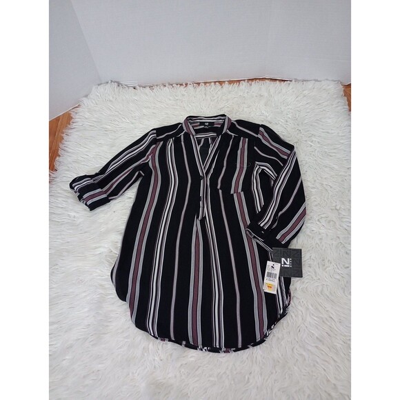 IZ Byer-Ladies Blouse-Black/White/pink striped V-Neck 3/4 Sleeve-w/Button SizeXS - Picture 1 of 12